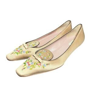 PRADA Vintage Silk Floral Embroidered Kitten Heel‎ Shoes in Blush Pink 37 US 6.5